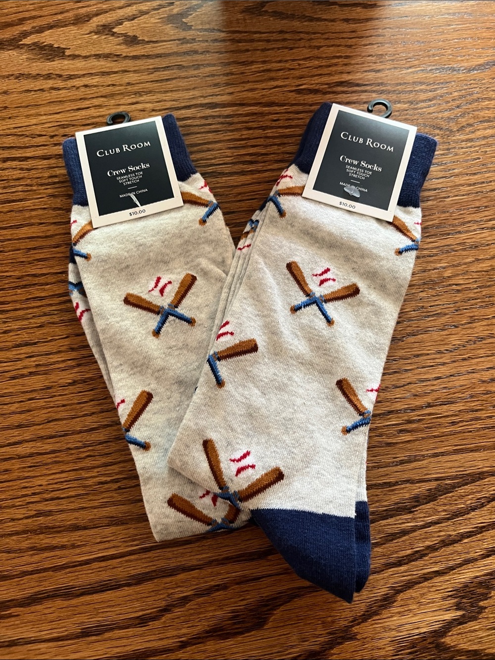Club Room Gray Crew Socks with Navy Accents and Brown Bat Motif
